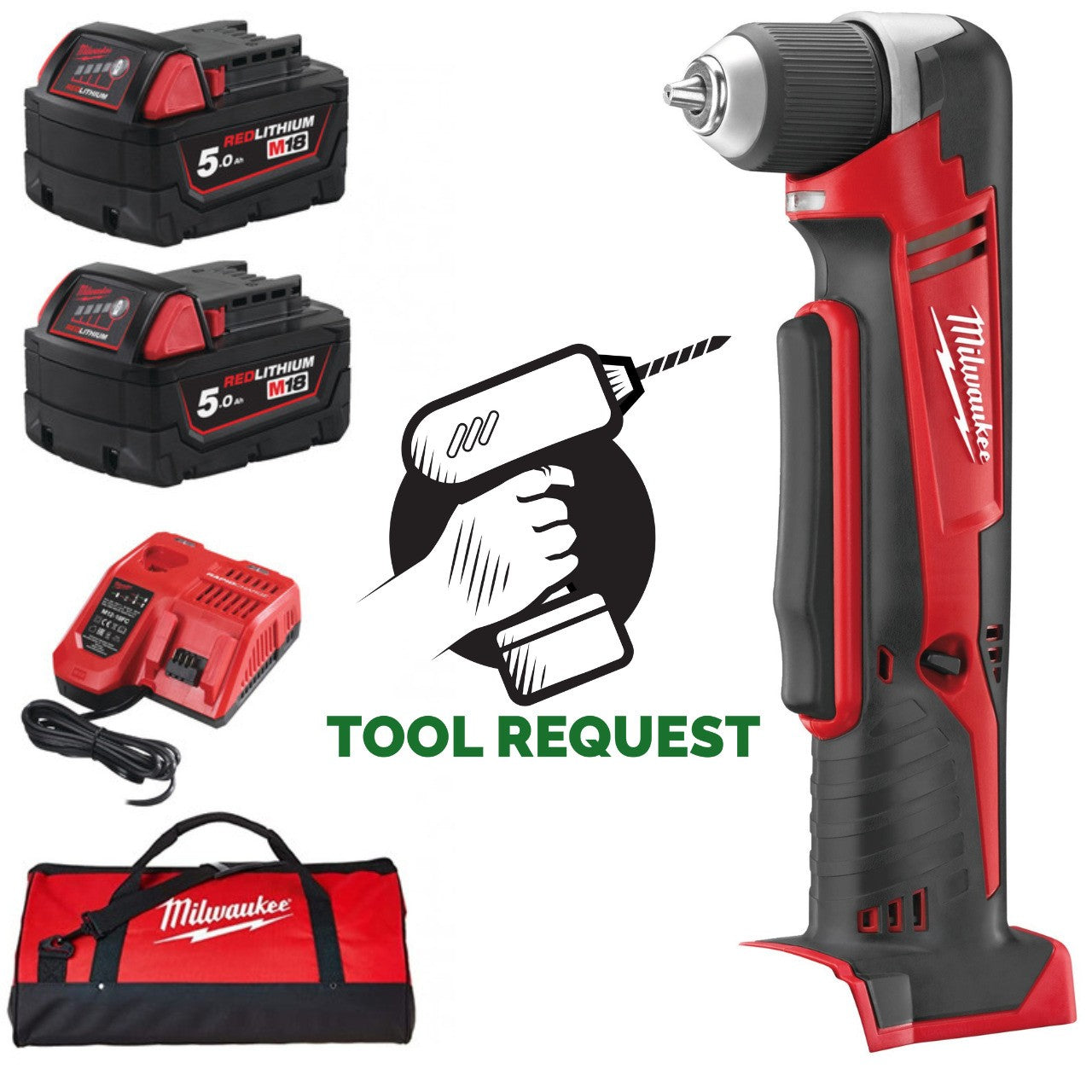 Milwaukee C18RAD-0 18V Right Angle Drill Kit - 2x 5.0ah Batteries, Charger & Bag