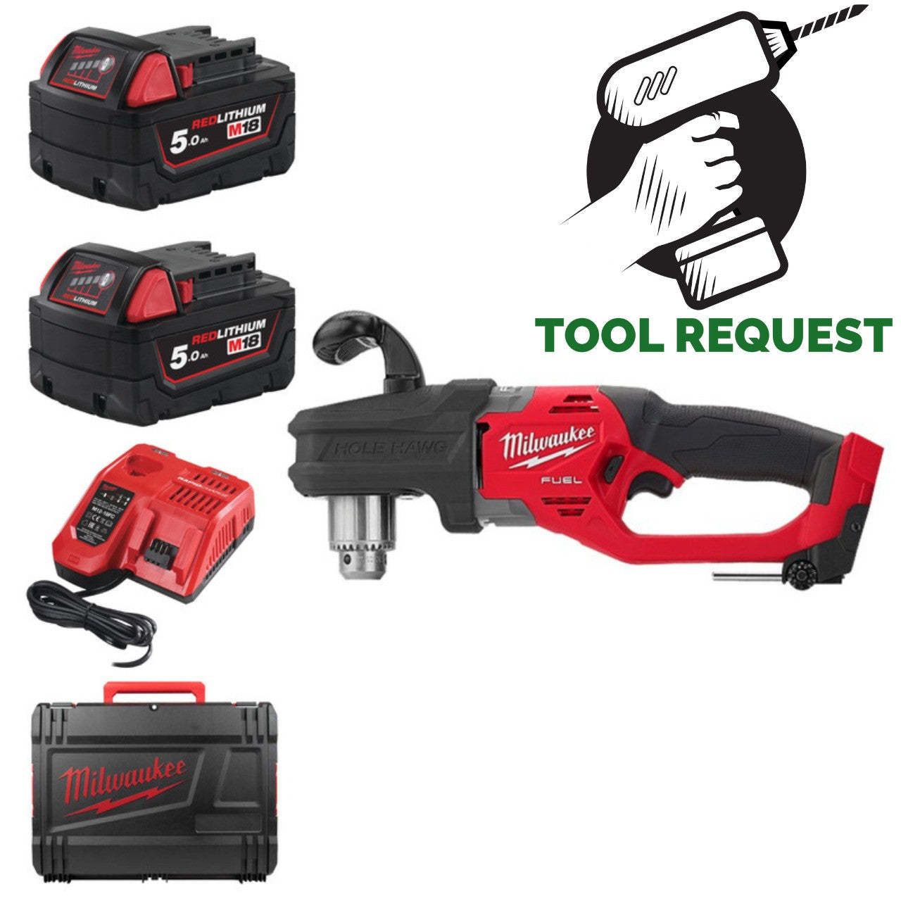 Milwaukee M18CRAD2-502X M18 Hawg Right Angle Drill - 2 x 5.0ah Batteries, Case