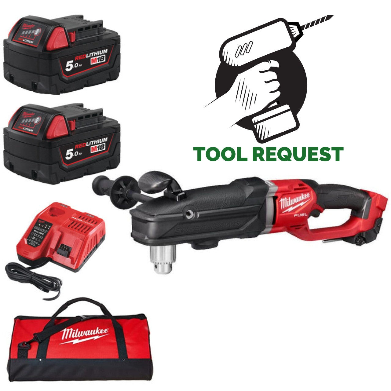 Milwaukee M18FRAD2-0 Super Hawg Right Angle Drill, 2x 5.0ah Batt, Charger, Bag