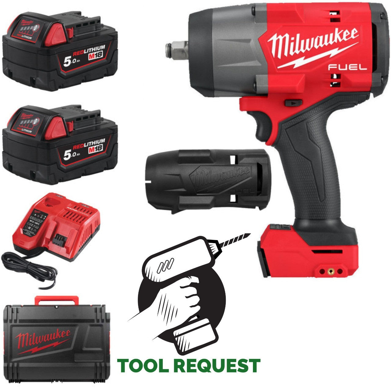 Milwaukee M18FHIW2F12-502X 18v 1/2" High Torque Wrench, Sleeve, 2x 5ah Batteries