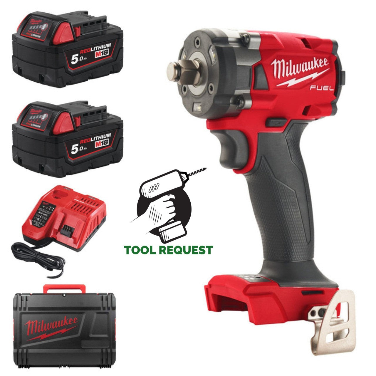 Milwaukee M18FIW2F12-502X 18V Fuel 1/2" Compact Impact Wrench, 2 x 5Ah Batt