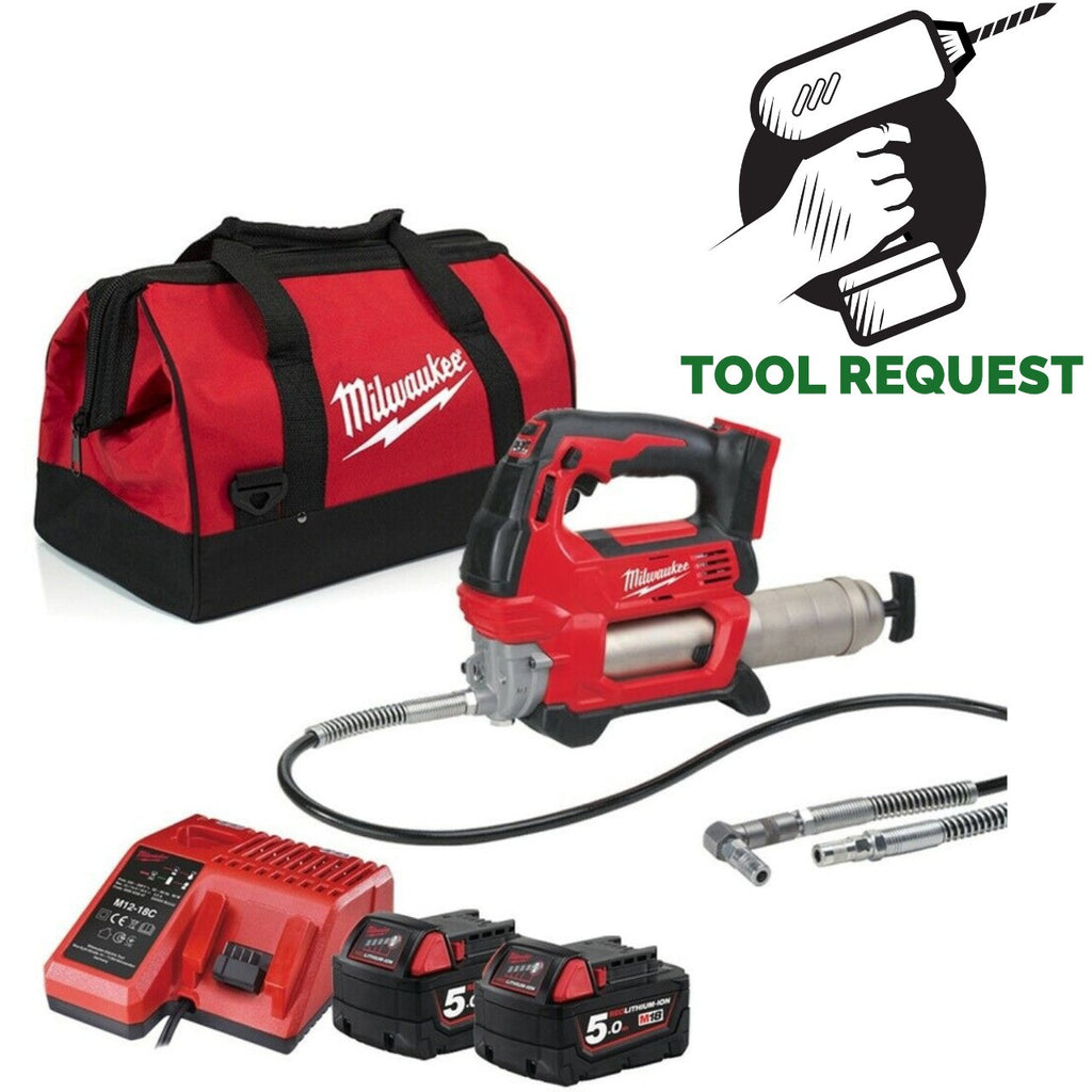 Milwaukee M18GG-502B 18v Cordless Grease Gun, x2 5Ah Batteries, Charger & Bag