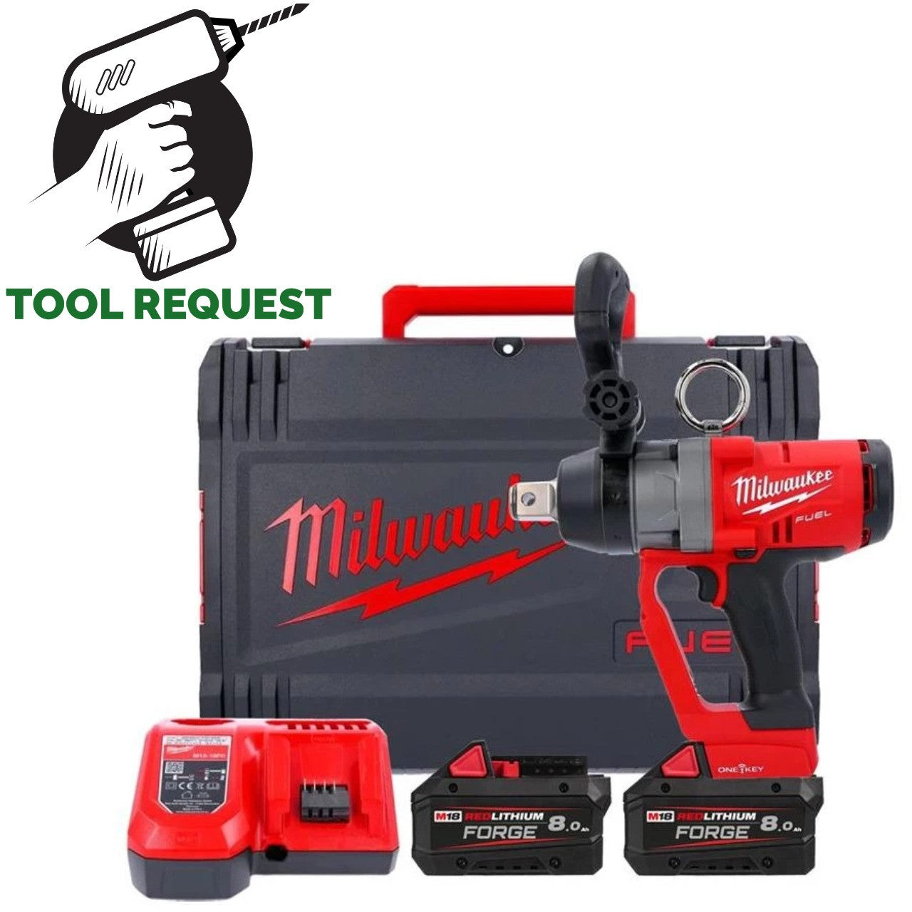 Milwaukee M18ONEFHIWF1-802 18V OneKey 1" Impact Wrench, 2 x 8.0Ah, Charger, Case