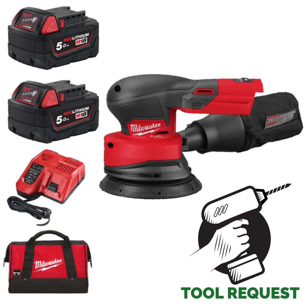 Milwaukee M18FROS125-502B 125mm Orbital Sander Kit - 2 x 5.0ah, Charger, Bag