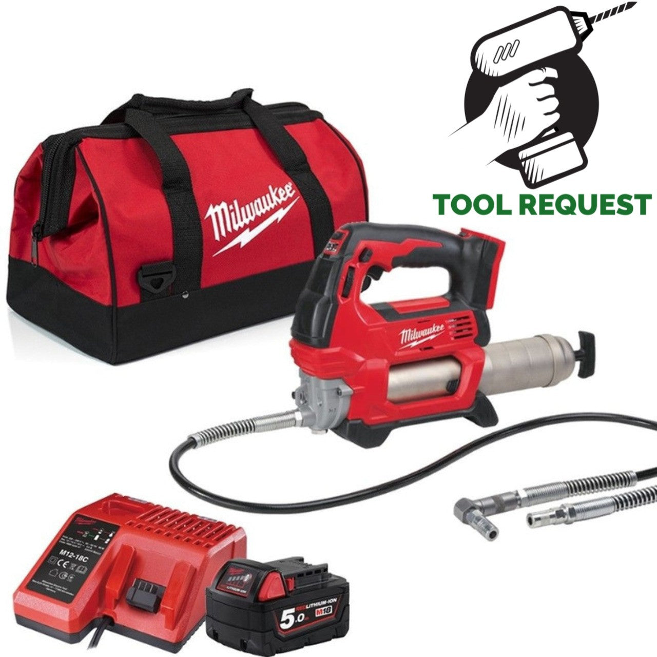 Milwaukee M18GG-501B 18v Cordless Grease Gun 5ah Battery Charger & Bag