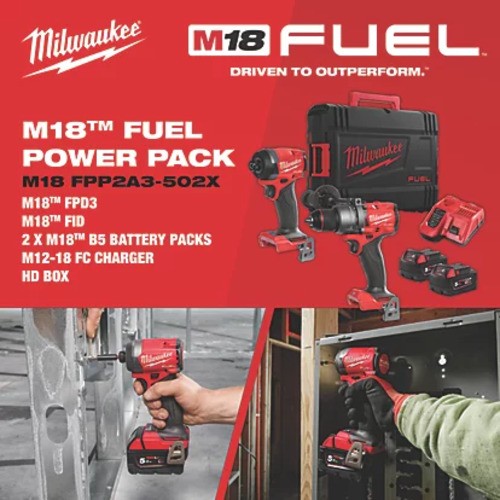 Milwaukee M18FPP2A3-502X Fuel M18FPD3 Combi & M18FID3 Impact Kit 2 x 5ah Battery
